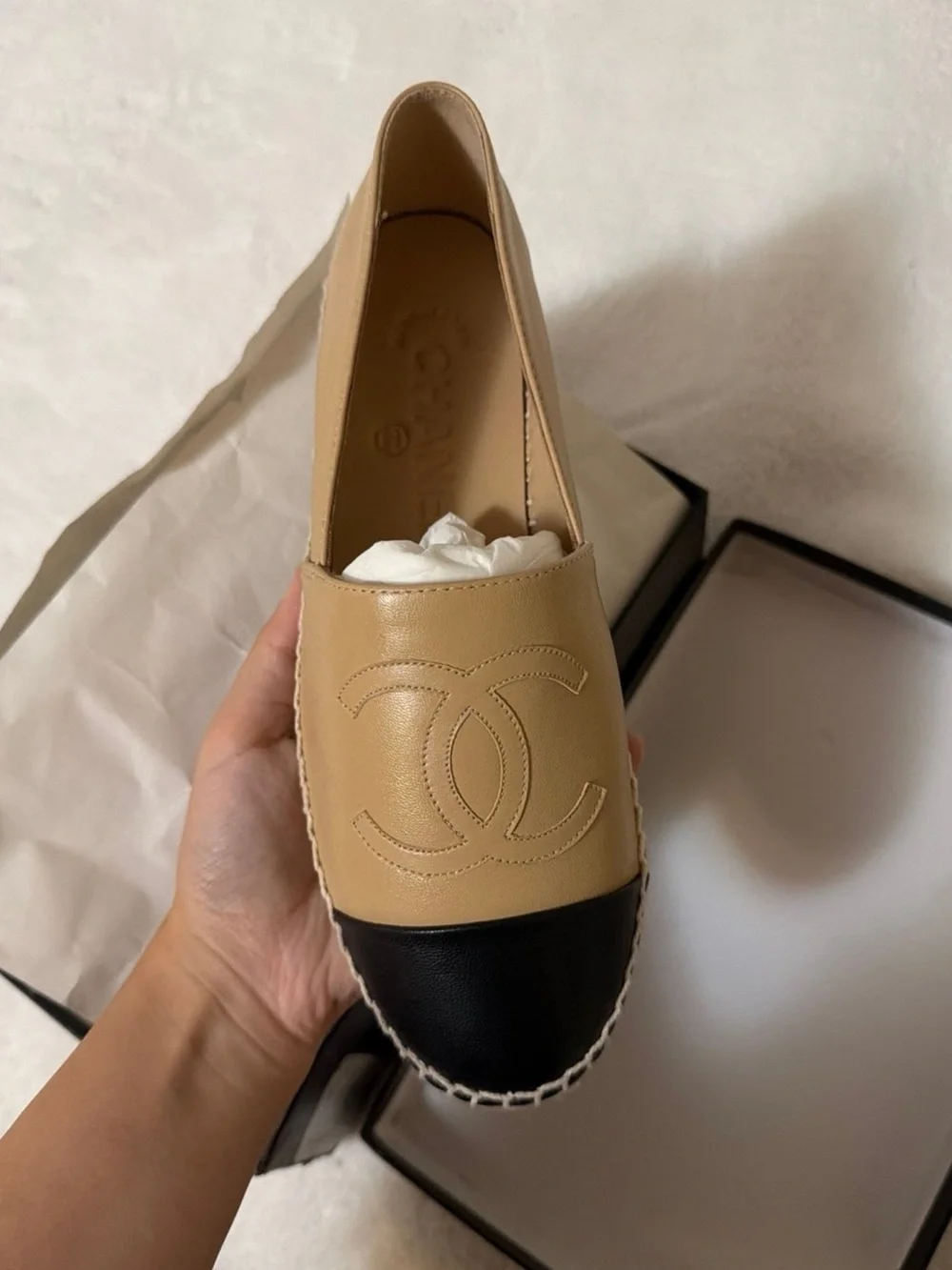 CHANEL Beige Leather Espadrille NIB with Black Cap Toe